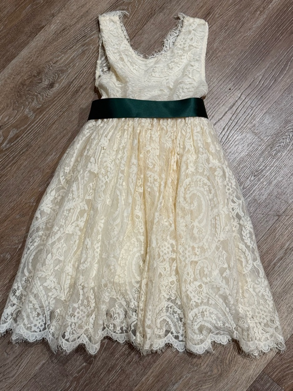 Ivory Lace Formal Dress with Dark Green Sash for Girls